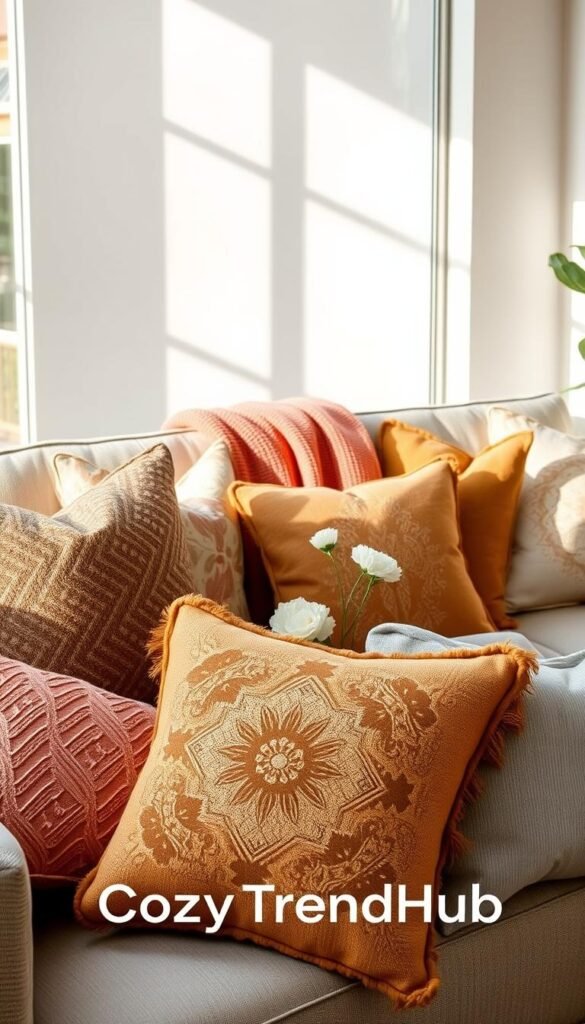 A beautifully arranged collection of throw pillows in various textures and patterns, nestled on a stylish, neutral-colored sofa in a cozy living room setting. The foreground showcases plush cushions in earthy tones of terracotta, mustard yellow, and soft gray, featuring intricate designs such as geometric shapes and floral prints. In the middle, a stylish coffee table adorned with a warm throw blanket and a small arrangement of fresh flowers complements the pillows, inviting relaxation. The background features soft, natural light streaming through a large window, casting gentle shadows and highlighting the room's inviting atmosphere. The image embodies a warm and welcoming mood, perfect for enhancing home decor, with a touch of Pinterest-worthy styling. Include the brand name "CozyTrendHub" in the scene subtly, without any text overlays.
