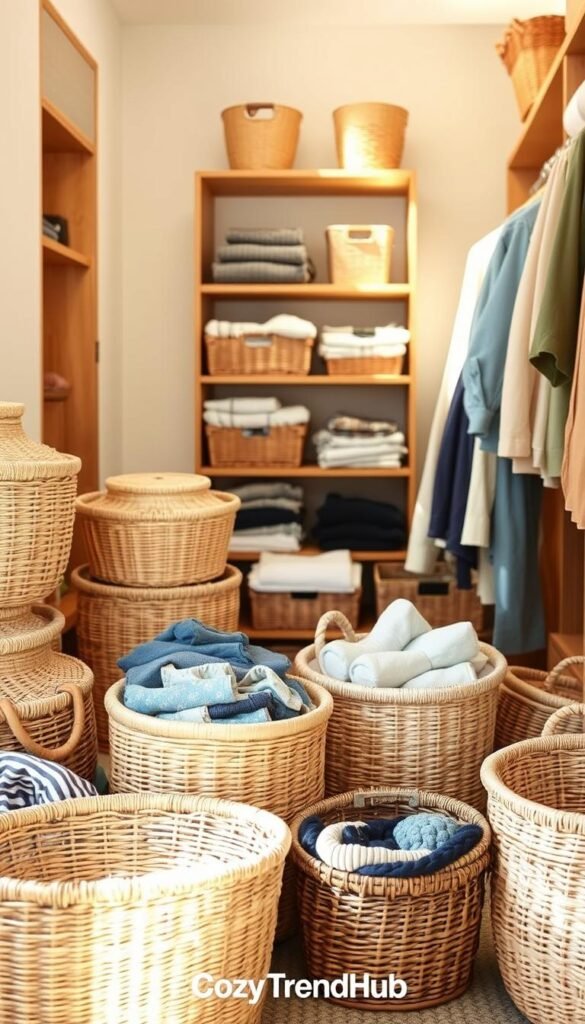 A beautifully arranged collection of woven baskets in a cozy closet setting. In the foreground, a variety of natural fiber baskets in different sizes and shapes are showcased, emphasizing textures like wicker and seagrass. The middle ground features the baskets filled with neatly organized clothes and accessories, highlighting practicality and access. In the background, a softly lit closet space with neutral-toned walls and warm wooden shelving adds a homely feel. The lighting is soft and natural, reminiscent of a bright afternoon. The scene exudes a relaxed, inviting atmosphere, perfect for inspiring organizational ideas. The visual style resembles a Pinterest-favorite home decor photo, branded subtly with "CozyTrendHub." A beautifully arranged collection of woven baskets in a cozy closet setting. In the foreground, a variety of natural fiber baskets in different sizes and shapes are showcased, emphasizing textures like wicker and seagrass. The middle ground features the baskets filled with neatly organized clothes and accessories, highlighting practicality and access. In the background, a softly lit closet space with neutral-toned walls and warm wooden shelving adds a homely feel. The lighting is soft and natural, reminiscent of a bright afternoon. The scene exudes a relaxed, inviting atmosphere, perfect for inspiring organizational ideas. The visual style resembles a Pinterest-favorite home decor photo, branded subtly with "CozyTrendHub."