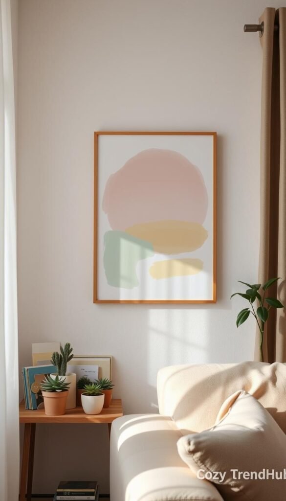 A beautifully arranged color palette art piece displayed on a lightly textured wall in a small, cozy living room. In the foreground, a minimalist shelf holds various color swatches and small potted succulents, contributing to an open feel. In the middle, the artwork features soft pastel hues blending harmoniously, such as blush pink, sky blue, and pale yellow, pulled together with gentle brush strokes. The background reveals a window with sheer curtains that softly diffuse natural light, illuminating the space. The atmosphere is serene, encouraging creativity, while the overall composition gives a sense of tranquility and openness. This image represents stylish wall decor ideas that enhance small spaces. Shot in a warm, inviting tone, reminiscent of Pinterest aesthetics, branded as &ldquo;CozyTrendHub.&rdquo;