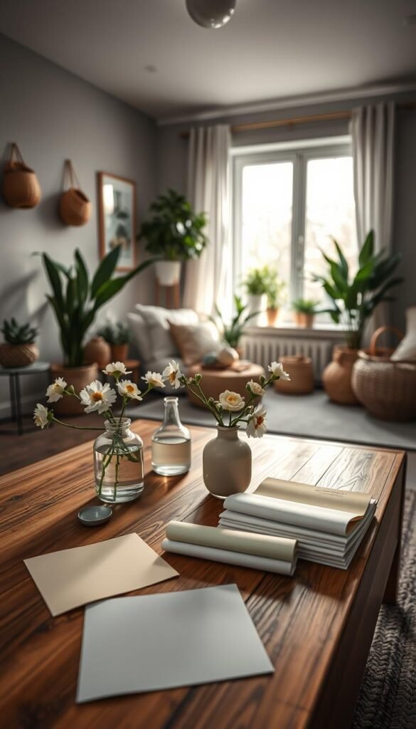A beautifully arranged color palette display showcasing soft, muted tones that brighten a low-light space. In the foreground, a stylish wooden coffee table features swatches of pastel greens, warm yellows, and gentle blues, delicately laid out alongside light-colored spring flowers in simple vases. The middle ground displays a cozy corner of a dimly lit room, adorned with lush indoor plants and natural textures like woven baskets and soft fabrics. In the background, a softly illuminated window reveals hints of a spring day, casting a warm glow throughout the scene. The atmosphere exudes a serene and inviting mood, perfect for enhancing dark apartments with light, airy decor. Please use a natural light aesthetic, with a focus on rich textures and inviting tones for a Pinterest-inspired lifestyle image representing the brand "CozyTrendHub." A beautifully arranged color palette display showcasing soft, muted tones that brighten a low-light space. In the foreground, a stylish wooden coffee table features swatches of pastel greens, warm yellows, and gentle blues, delicately laid out alongside light-colored spring flowers in simple vases. The middle ground displays a cozy corner of a dimly lit room, adorned with lush indoor plants and natural textures like woven baskets and soft fabrics. In the background, a softly illuminated window reveals hints of a spring day, casting a warm glow throughout the scene. The atmosphere exudes a serene and inviting mood, perfect for enhancing dark apartments with light, airy decor. Please use a natural light aesthetic, with a focus on rich textures and inviting tones for a Pinterest-inspired lifestyle image representing the brand "CozyTrendHub."