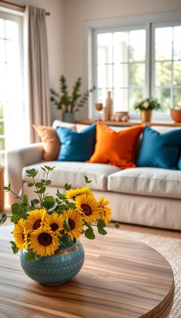 A beautifully arranged color palette featuring warm and cool tones, inspired by summer decor. In the foreground, a cozy living room scene with a plush sofa adorned with cushions in vibrant terracotta and deep ocean blue, creating a harmonious balance. The middle ground showcases a decorative coffee table with a stylish ceramic vase filled with sunflowers and eucalyptus, seamlessly blending the warm yellows and cool greens. In the background, soft natural light streams through large windows, creating a bright, inviting atmosphere. The overall ambiance conveys a serene yet vibrant feel, ideal for inspiring heat-friendly summer decor. The image should reflect a modern, Pinterest-style aesthetic suitable for CozyTrendHub, with no text or branding elements displayed. A beautifully arranged color palette featuring warm and cool tones, inspired by summer decor. In the foreground, a cozy living room scene with a plush sofa adorned with cushions in vibrant terracotta and deep ocean blue, creating a harmonious balance. The middle ground showcases a decorative coffee table with a stylish ceramic vase filled with sunflowers and eucalyptus, seamlessly blending the warm yellows and cool greens. In the background, soft natural light streams through large windows, creating a bright, inviting atmosphere. The overall ambiance conveys a serene yet vibrant feel, ideal for inspiring heat-friendly summer decor. The image should reflect a modern, Pinterest-style aesthetic suitable for CozyTrendHub, with no text or branding elements displayed.