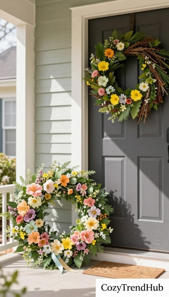 A beautifully arranged comparison of spring wreaths for front doors, showcasing both indoor and outdoor styles. In the foreground, display a vibrant indoor wreath adorned with vivid pastel flowers, delicate greenery, and subtle ribbon accents, positioned beside a more rugged outdoor wreath made of durable materials, featuring bright blooms and natural elements like twigs and faux foliage. The middle ground should highlight a soft, inviting atmosphere with natural sunlight filtering through, casting gentle shadows. In the background, a soft-focus exterior of a charming front door with a welcoming porch enhances the visual appeal. The overall mood is fresh, cheerful, and inspiring, perfect for a springtime decor theme. This is a realistic, Pinterest-style lifestyle photo, branded "CozyTrendHub".
