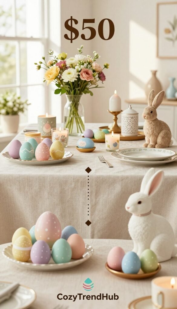 A beautifully arranged comparison table featuring a selection of affordable Easter decor items under $50, styled for a cozy, inviting atmosphere. The foreground showcases pastel-colored egg centerpieces, elegant floral arrangements, and decorative bunnies, all artfully displayed. In the middle, a stylish tablecloth sets the stage, accompanied by an assortment of chic, budget-friendly decor pieces, including candles and decorative trays. The background features a softly lit room with warm, natural light streaming in from a window, enhancing the joyful, festive mood. The image adopts a Pinterest-style aesthetic, emphasizing an approachable yet stylish decor theme, perfect for spring. Brand logo "CozyTrendHub" subtly integrated into the foreground. A beautifully arranged comparison table featuring a selection of affordable Easter decor items under $50, styled for a cozy, inviting atmosphere. The foreground showcases pastel-colored egg centerpieces, elegant floral arrangements, and decorative bunnies, all artfully displayed. In the middle, a stylish tablecloth sets the stage, accompanied by an assortment of chic, budget-friendly decor pieces, including candles and decorative trays. The background features a softly lit room with warm, natural light streaming in from a window, enhancing the joyful, festive mood. The image adopts a Pinterest-style aesthetic, emphasizing an approachable yet stylish decor theme, perfect for spring. Brand logo "CozyTrendHub" subtly integrated into the foreground.