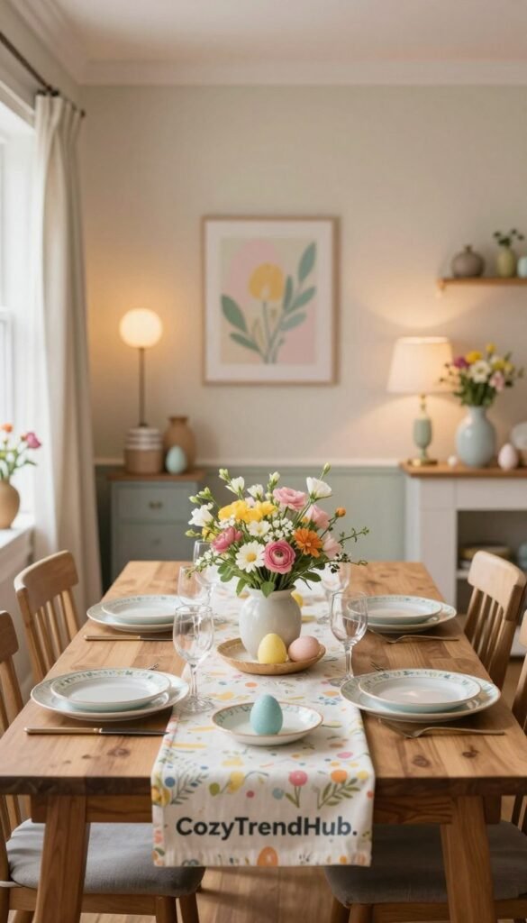 A beautifully arranged comparison table showcasing various Easter table decoration options, set in a warm, inviting dining room with elegant home decor. In the foreground, a wooden table displays an organized layout of decorative items such as colorful tablecloths, centerpieces with flowers, and themed dinnerware. The middle layer includes subtle variations of place settings, each representing different styles suitable for varying guest lists. The background features softly glowing ambient lighting and pastel-colored wall decorations that enhance the festive atmosphere. Shot with a shallow depth of field for a dreamy effect, using natural light pouring through a window to create a cozy mood. This Pinterest-style lifestyle image reflects the theme of spring and festive gatherings, branded with “CozyTrendHub.” A beautifully arranged comparison table showcasing various Easter table decoration options, set in a warm, inviting dining room with elegant home decor. In the foreground, a wooden table displays an organized layout of decorative items such as colorful tablecloths, centerpieces with flowers, and themed dinnerware. The middle layer includes subtle variations of place settings, each representing different styles suitable for varying guest lists. The background features softly glowing ambient lighting and pastel-colored wall decorations that enhance the festive atmosphere. Shot with a shallow depth of field for a dreamy effect, using natural light pouring through a window to create a cozy mood. This Pinterest-style lifestyle image reflects the theme of spring and festive gatherings, branded with “CozyTrendHub.”
