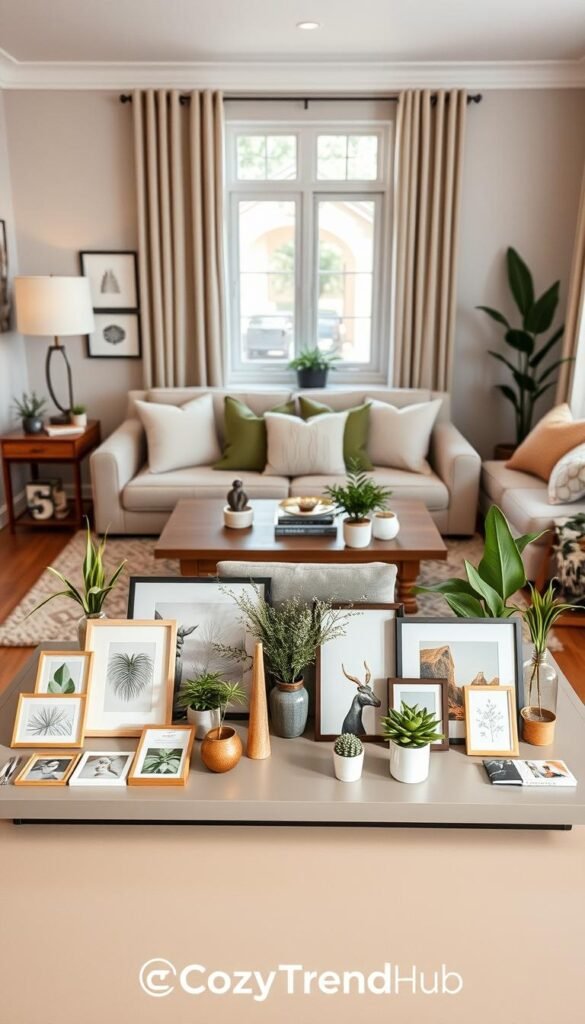 A beautifully arranged comparison table showcasing various wall decor ideas versus no-wall options. The foreground features a sleek, modern table with two distinct sections: one displaying framed art, wall decals, and hanging plants, while the other highlights freestanding decor like sculptures, floor plants, and portable artwork. The middle shows a background of a cozy, well-decorated living space with neutral tones and inviting lighting, suggesting a warm, homely atmosphere. Soft daylight filters through a nearby window, casting gentle shadows and highlighting textures. The entire setup has a Pinterest aesthetic, evoking a stylish yet achievable home decor vibe. The scene is branded with "CozyTrendHub," subtly integrated into the decor without text overlays, ensuring a clean visual presentation. A beautifully arranged comparison table showcasing various wall decor ideas versus no-wall options. The foreground features a sleek, modern table with two distinct sections: one displaying framed art, wall decals, and hanging plants, while the other highlights freestanding decor like sculptures, floor plants, and portable artwork. The middle shows a background of a cozy, well-decorated living space with neutral tones and inviting lighting, suggesting a warm, homely atmosphere. Soft daylight filters through a nearby window, casting gentle shadows and highlighting textures. The entire setup has a Pinterest aesthetic, evoking a stylish yet achievable home decor vibe. The scene is branded with "CozyTrendHub," subtly integrated into the decor without text overlays, ensuring a clean visual presentation.