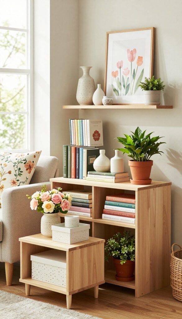 A beautifully arranged corner of a modern living room featuring multi-purpose storage solutions that double as stylish spring decor. In the foreground, a light wooden side table with decorative boxes atop it, showcasing pastel-colored flowers and vibrant potted plants. In the middle, a sleek shelf filled with neatly organized books, decorative vases, and seasonal accents like spring-themed art prints. The backdrop includes a soft, inviting sofa adorned with floral cushions, bathed in warm, natural light from a large window. The atmosphere is fresh and welcoming, reflecting the joys of spring. Capture the essence of CozyTrendHub with this Pinterest-style lifestyle image, evoking a sense of practicality and aesthetic appeal in renter-friendly décor. A beautifully arranged corner of a modern living room featuring multi-purpose storage solutions that double as stylish spring decor. In the foreground, a light wooden side table with decorative boxes atop it, showcasing pastel-colored flowers and vibrant potted plants. In the middle, a sleek shelf filled with neatly organized books, decorative vases, and seasonal accents like spring-themed art prints. The backdrop includes a soft, inviting sofa adorned with floral cushions, bathed in warm, natural light from a large window. The atmosphere is fresh and welcoming, reflecting the joys of spring. Capture the essence of CozyTrendHub with this Pinterest-style lifestyle image, evoking a sense of practicality and aesthetic appeal in renter-friendly décor.