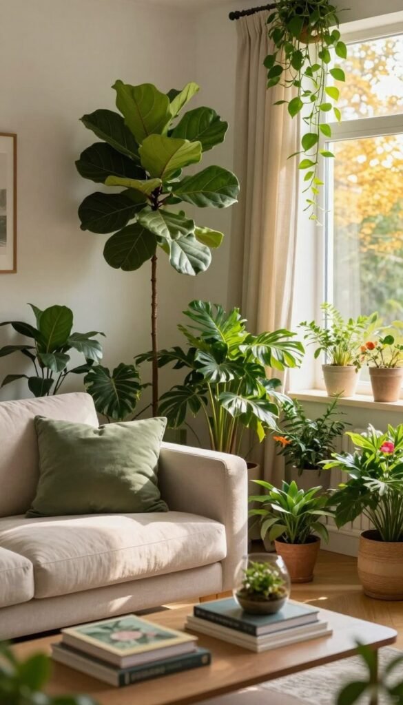 A beautifully arranged corner of a stylish living room featuring an abundance of lush greenery and vibrant summer flowers. In the foreground, a light, textured beige sofa adorned with soft cushions in various green shades sits alongside a coffee table cluttered with decorative books and a small terrarium. The middle of the scene showcases several indoor plants, including a tall fiddle leaf fig and cascading pothos, creating depth and life. In the background, a large window allows golden sunlight to stream in, highlighting the greenery while casting gentle shadows that enhance the cozy atmosphere. The room features light-colored wooden flooring and neutral, airy curtains that flutter slightly in the breeze. Captured with a soft-focus lens, this Pinterest-style image reflects a fresh, inviting summer vibe, ideal for CozyTrendHub's decor inspiration.