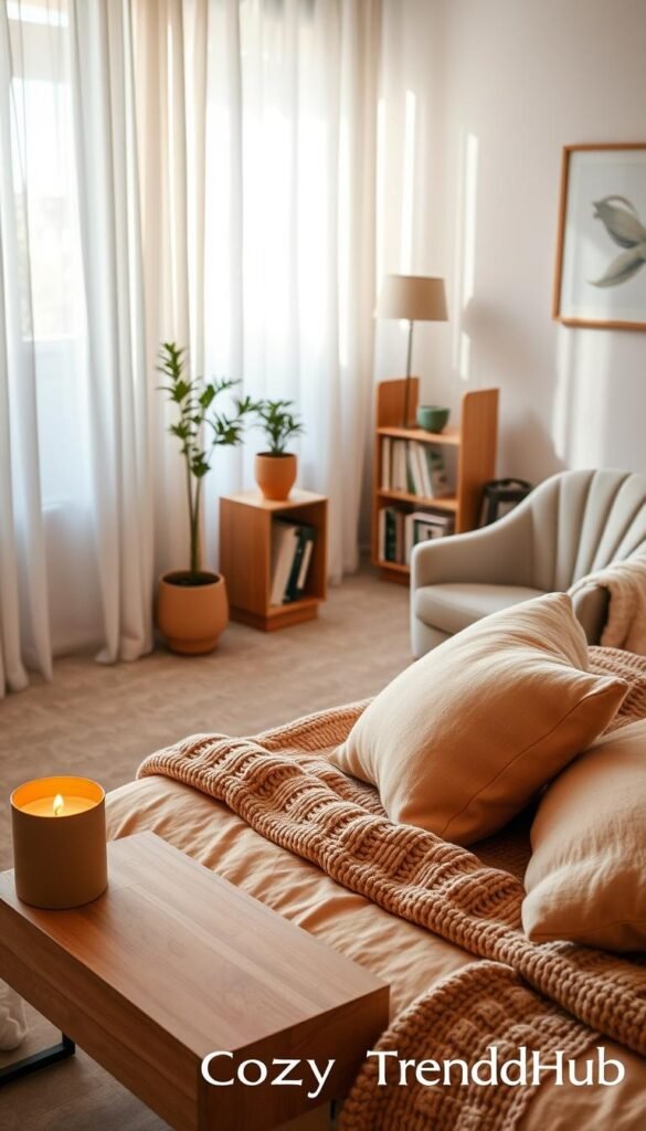 A beautifully arranged cozy bedroom featuring a soft, inviting bed with plush pillows and a knitted throw in warm, neutral tones. In the foreground, a low wooden nightstand holds a glowing candle and a small potted succulent, reflecting a sense of tranquility. The middle ground showcases a stylish armchair draped with a light blanket, complemented by a small bookshelf filled with well-loved books. The background reveals soft, diffused sunlight streaming through sheer curtains, creating a warm, serene atmosphere. A minimalist wall art piece adds a touch of elegance. The overall mood is calm and inviting, emphasizing relaxation and comfort. Create this scene with a Pinterest-style aesthetic, branded with "CozyTrendHub".