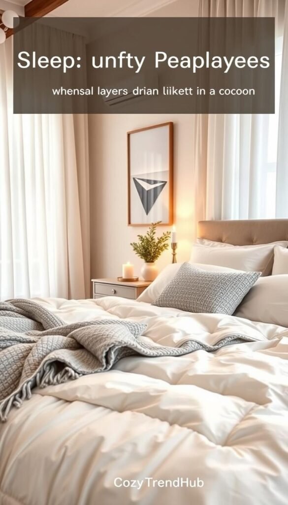 A beautifully arranged cozy bedroom featuring sleep-friendly bedding layers that feel like a cocoon. In the foreground, a plush layered bed with a soft cream-colored duvet, fluffy white pillows, and a textured gray throw blanket casually draped across the corner. In the middle, a gentle aesthetic is enhanced with a pair of elegant bedside tables, adorned with small potted plants and simple candle holders, softly lit by warm, ambient lighting. The background showcases a softly painted wall with calming artwork and a large window adorned with sheer curtains that allow natural light to filter in, creating a serene atmosphere. The entire scene reflects a cozy, inviting ambiance perfect for relaxation and sleep. This is a lifestyle photo in a Pinterest style, branded "CozyTrendHub," designed to evoke a sense of comfort and tranquility.