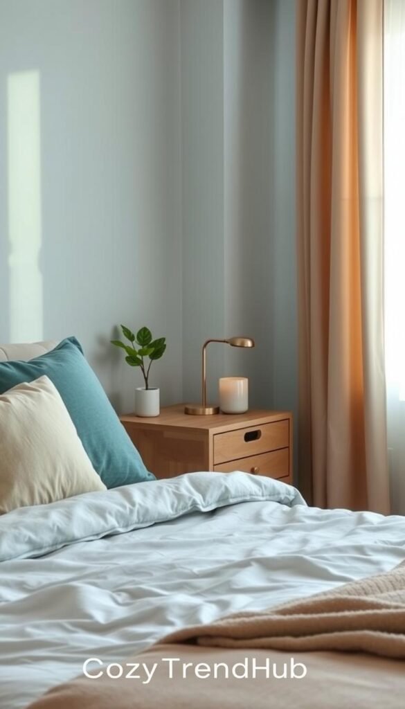 A beautifully arranged cozy bedroom scene that highlights a calming color palette featuring soft blues, soothing greens, and warm neutrals. In the foreground, a plush bed with fluffy pillows and a soft throw blanket in muted tones creating a tranquil atmosphere. The middle section showcases a stylish wooden nightstand with a small indoor plant and a gently glowing lamp. In the background, light-filtering sheer curtains allow soft, diffused natural light to fill the room, enhancing the serenity of the space. The overall mood is inviting and peaceful, perfect for promoting better sleep. This lifestyle image is styled in a modern, Pinterest-inspired aesthetic with the brand name "CozyTrendHub" subtly implied in the overall design. Capture the essence of relaxation and comfort in a stylish bedroom decor theme.