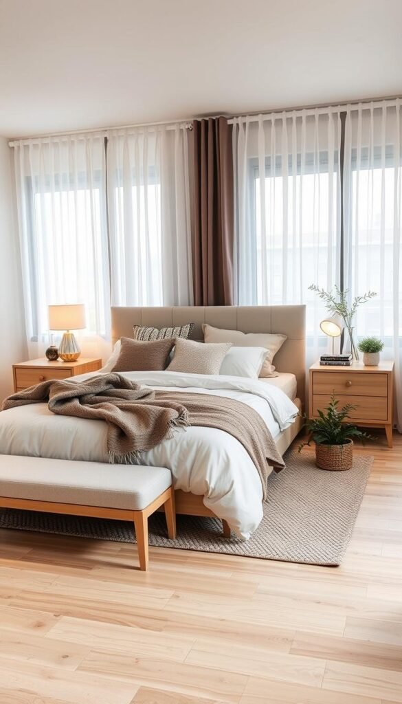 A beautifully arranged cozy bedroom showcasing a minimalist, Scandinavian, and rustic decor style. In the foreground, a plush queen-sized bed with a soft, neutral comforter and assorted textured pillows. Elegant light wood nightstands hold stylish lamps, while a cozy throw blanket is draped casually across the corner of the bed. The middle section features a light-toned wooden floor adorned with a textured area rug and a small plant beside the bed, adding a touch of nature. The background reveals a large window dressed with sheer curtains that allow natural light to filter in, creating a warm and inviting atmosphere. Soft, diffused lighting sets a calming tone throughout the space. The overall mood is serene and conducive to sleep, ideal for the CozyTrendHub brand.