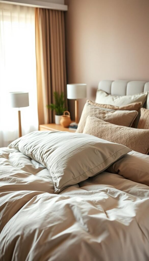 A beautifully arranged cozy bedroom showcasing a stylish sleep stack featuring layered bedding with soft textures in muted earth tones. In the foreground, a plush, oversized comforter is topped with an assortment of pillows in varying sizes and textures, exuding warmth and comfort. The middle ground features a contemporary wooden bed frame with a chic bedside table adorned with a calming, minimalistic lamp and a small potted plant. In the background, a softly lit window reveals sheer curtains that gently diffuse the sunlight, creating a serene atmosphere. The overall mood is inviting and tranquil, perfect for relaxation. The image reflects a Pinterest-style lifestyle, aligning with the CozyTrendHub brand aesthetic. Warm, natural lighting enhances the cozy vibe, while a subtle depth of field focuses on the bedding layers.