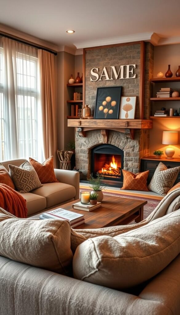 A beautifully arranged cozy living room designed to inspire warmth and comfort, featuring a plush, oversized sofa adorned with soft, textured throws and a collection of colorful, patterned cushions in the foreground. In the middle, a rustic wooden coffee table showcases a stack of inviting books, a fragrant candle, and a small pot of fresh greenery. In the background, a graceful fireplace flickers with a gentle fire, framed by attractive shelves filled with decorative items and soft lighting from stylish lamps. The room is bathed in warm, natural light flooding through large windows adorned with sheer curtains, enhancing the inviting atmosphere. This Pinterest-style lifestyle photograph embodies the essence of CozyTrendHub with a sense of homely charm and rustic elegance.