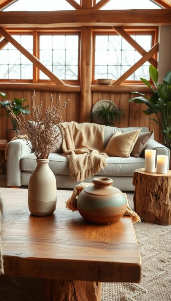 A beautifully arranged cozy living room scene showcasing natural wood touches. In the foreground, a warm-toned wooden coffee table adorned with a textured woven throw and a ceramic vase filled with dried flowers. The middle ground features a plush sofa draped with an earthy-toned blanket, paired with rustic wooden side tables holding soft, glowing candles. In the background, large windows let in soft, diffused sunlight illuminating the space, highlighting wooden beams and accents that enhance the natural aesthetic. Include lush indoor plants to add a touch of greenery. Capture this in a warm, inviting atmosphere that evokes comfort and tranquility, reminiscent of a stylish Pinterest lifestyle photo. The overall mood should be calm and earthy, reflecting the essence of CozyTrendHub.