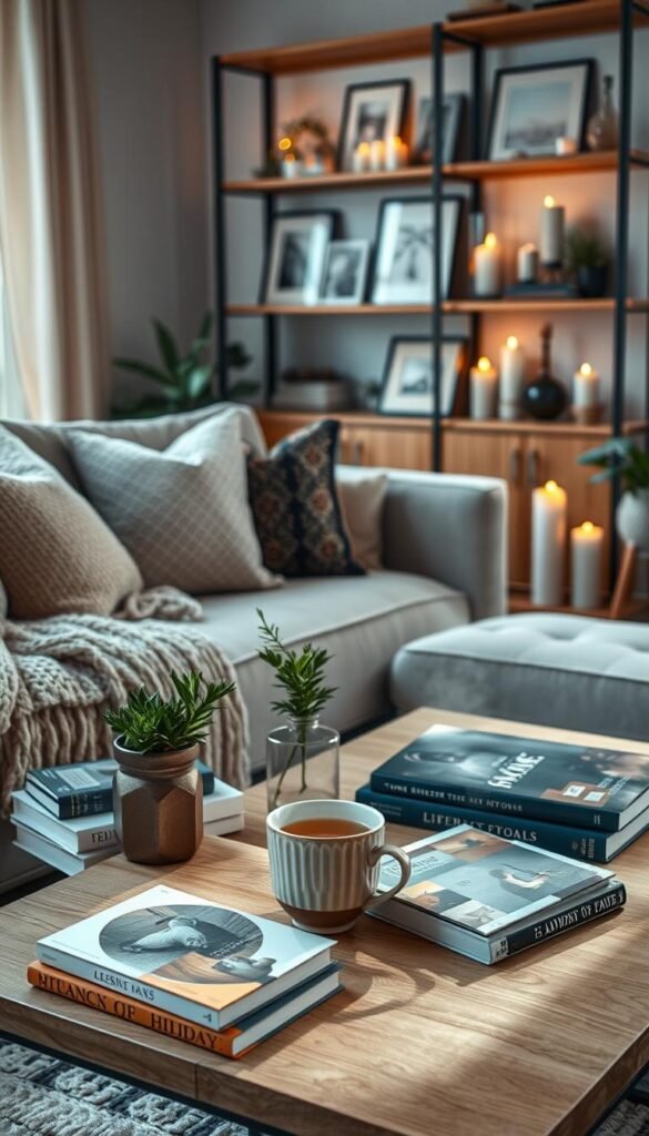 A beautifully arranged cozy living room setup showcasing the best decor picks, featuring a plush, inviting sofa with soft, textured throw pillows and a warm knitted blanket draped over the arm. In the foreground, a stylish coffee table holds a steaming mug of tea and a stack of design books. The middle ground includes a tasteful area rug and a few decorative plants adding a touch of greenery. The background reveals a softly lit bookshelf adorned with candles and framed artwork, creating a sense of warmth and tranquility. The scene is bathed in natural light, emphasizing a serene atmosphere, shot at a slight angle to capture depth. Designed for CozyTrendHub, this image should evoke a welcoming, homely vibe, perfect for Pinterest-style lifestyle inspiration.
