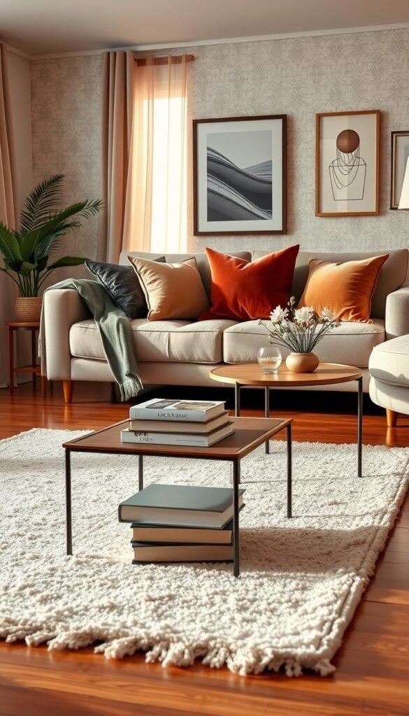 A beautifully arranged, cozy living room showcasing aesthetic home decor that elevates everyday spaces. In the foreground, a soft, textured rug lays on polished wood flooring, with a stylish coffee table featuring a small stack of art books and a delicate vase of fresh flowers. The middle features a plush sofa adorned with rich, muted cushions, positioned against a wall with subtle wallpaper and tasteful framed art. The background reveals a softly lit window with sheer curtains, allowing warm natural light to flood the room, enhancing a relaxed atmosphere. The decor embodies a blend of modern and rustic elements, with a warm color palette of earthy tones and pastel accents. Shot with a slight angle to create depth, this realistic, Pinterest-style image embodies the essence of chic home styling. Brand name: CozyTrendHub.
