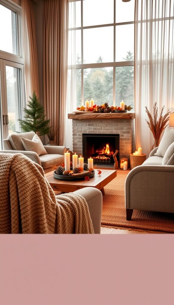 A beautifully arranged cozy living room that embodies the essence of "seasonal warmth". In the foreground, a plush, textured throw blanket drapes over a soft, oversized armchair adorned with neutral-colored cushions. A rustic wooden coffee table sits nearby, decorated with a small, seasonal centerpiece of pinecones, candles, and autumn leaves. In the middle, a warm-toned rug anchors the space, complementing a fireplace gently flickering with flames. Candles are lit on the mantel, casting a soft, inviting glow. In the background, large windows framed with sheer, flowing curtains allow natural light to filter in, revealing an inviting view of a distant treeline. The atmosphere is warm, inviting, and perfect for cozy gatherings, capturing the seasonal decor spirit beautifully. This image is inspired by CozyTrendHub, showcasing chic, Pinterest-style living room aesthetics.