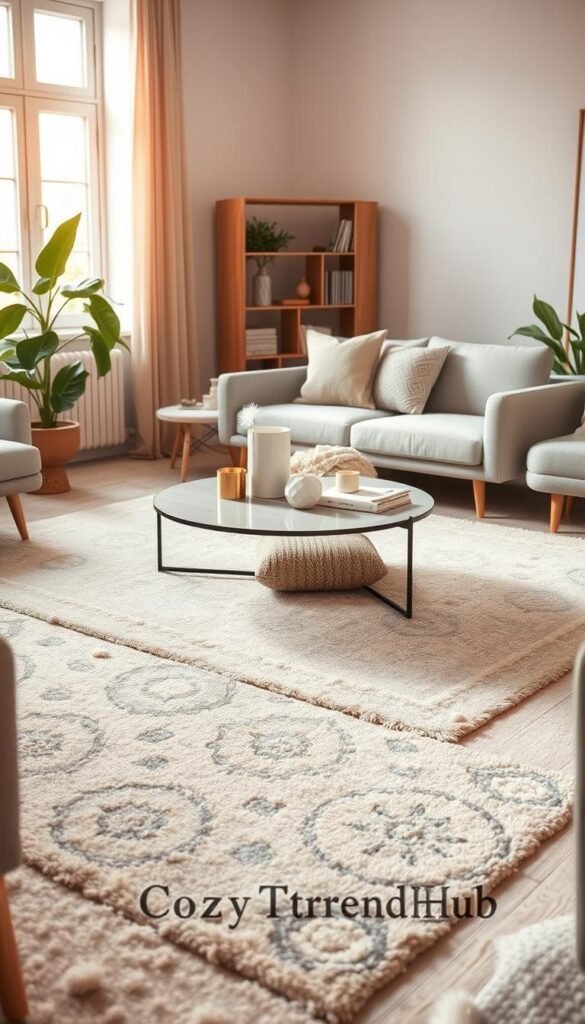 A beautifully arranged cozy living space featuring a stylish, affordable rug, designed to fit snugly in an apartment or tight room. The foreground displays a plush, patterned area rug with soft, muted colors such as beige and light gray, emphasizing a high-end look without the price tag. In the middle, a simple, elegant coffee table adorned with a couple of modern decorative items sits atop the rug, with a comfy boho-style floor cushion nearby. The background showcases a softly lit living room with warm natural light pouring in from a window, enhancing the inviting atmosphere. Add tasteful houseplants in the corners and a minimalist bookshelf for depth, creating a Pinterest-worthy decor scene. Showcase the brand name "CozyTrendHub" subtly within the image&rsquo;s overall aesthetic.