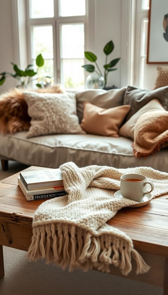 A beautifully arranged cozy living space showcasing a layered texture mix ideal for small rentals. In the foreground, a plush knitted throw blanket in soft beige drapes over a rustic wooden coffee table. A small stack of design books and a delicate ceramic mug with steaming herbal tea sit beside it. The middle ground features a comfortable linen sofa adorned with various textured cushions—fur, velvet, and patterned fabrics in warm earth tones. Behind, large windows allow soft, diffused natural light to flood in, illuminating the scene and casting gentle shadows. The backdrop includes a potted indoor plant for a touch of greenery and a simple wall art piece echoing muted colors. The overall atmosphere embodies warmth and tranquility, inviting relaxation. Ideal for "CozyTrendHub" themed decor inspiration. A beautifully arranged cozy living space showcasing a layered texture mix ideal for small rentals. In the foreground, a plush knitted throw blanket in soft beige drapes over a rustic wooden coffee table. A small stack of design books and a delicate ceramic mug with steaming herbal tea sit beside it. The middle ground features a comfortable linen sofa adorned with various textured cushions—fur, velvet, and patterned fabrics in warm earth tones. Behind, large windows allow soft, diffused natural light to flood in, illuminating the scene and casting gentle shadows. The backdrop includes a potted indoor plant for a touch of greenery and a simple wall art piece echoing muted colors. The overall atmosphere embodies warmth and tranquility, inviting relaxation. Ideal for "CozyTrendHub" themed decor inspiration.