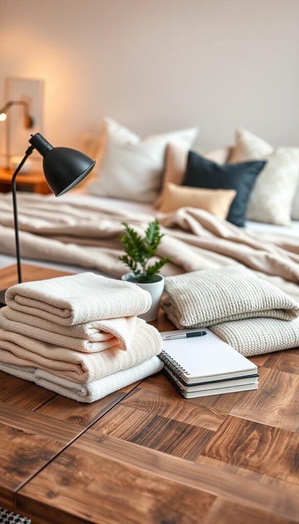 A beautifully arranged cozy shopping list on a rustic wooden table, featuring stylish items for both cozy and minimal bedroom designs. In the foreground, neatly displayed are a stack of soft cotton towels, a plush throw blanket, a set of decorative pillows, and a stylish bedside lamp, all emphasizing warmth and comfort. The middle layer showcases a small potted plant and a trendy notebook for jotting down ideas. The background is softly blurred, revealing a well-decorated bedroom with warm lighting, creating an inviting atmosphere. The setting reflects a calming, homey vibe, making it perfect for shoppers seeking comfort and style. Ideal for Pinterest inspiration, ensuring it aligns with CozyTrendHub's aesthetic. Use natural light to enhance the inviting and cozy feel of the scene. A beautifully arranged cozy shopping list on a rustic wooden table, featuring stylish items for both cozy and minimal bedroom designs. In the foreground, neatly displayed are a stack of soft cotton towels, a plush throw blanket, a set of decorative pillows, and a stylish bedside lamp, all emphasizing warmth and comfort. The middle layer showcases a small potted plant and a trendy notebook for jotting down ideas. The background is softly blurred, revealing a well-decorated bedroom with warm lighting, creating an inviting atmosphere. The setting reflects a calming, homey vibe, making it perfect for shoppers seeking comfort and style. Ideal for Pinterest inspiration, ensuring it aligns with CozyTrendHub's aesthetic. Use natural light to enhance the inviting and cozy feel of the scene.
