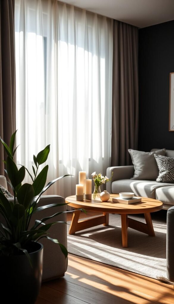 A beautifully arranged dark apartment corner bathed in soft, natural light filtering through sheer curtains, creating a warm and inviting atmosphere. In the foreground, a stylish, potted plant adds a vibrant green touch against a backdrop of muted decor. The middle-ground features a contemporary wooden coffee table adorned with pastel-colored candles and a small bouquet of fresh spring flowers in a delicate vase. The background showcases dark walls contrasted with light-colored furnishings, emphasizing layered textures and subtle patterns. Soft shadows play across the scene, enhancing the cozy feel and inviting tranquility. Capturing this setting with a 50mm lens from a slightly elevated angle, the image should resonate with the aesthetic of CozyTrendHub, embodying the essence of spring decor in a dark apartment. A beautifully arranged dark apartment corner bathed in soft, natural light filtering through sheer curtains, creating a warm and inviting atmosphere. In the foreground, a stylish, potted plant adds a vibrant green touch against a backdrop of muted decor. The middle-ground features a contemporary wooden coffee table adorned with pastel-colored candles and a small bouquet of fresh spring flowers in a delicate vase. The background showcases dark walls contrasted with light-colored furnishings, emphasizing layered textures and subtle patterns. Soft shadows play across the scene, enhancing the cozy feel and inviting tranquility. Capturing this setting with a 50mm lens from a slightly elevated angle, the image should resonate with the aesthetic of CozyTrendHub, embodying the essence of spring decor in a dark apartment.