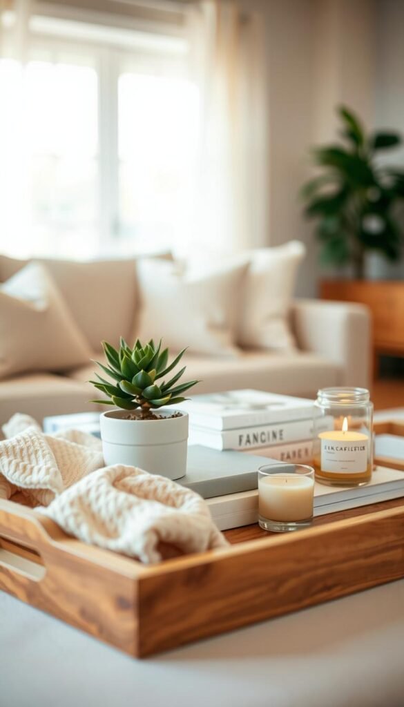 A beautifully arranged decorative wood tray displaying assorted home decor items. In the foreground, the tray features soft-toned, textured fabrics and a small potted plant, enhancing its cozy appeal. The middle ground showcases a stack of stylish coffee table books and an elegant scented candle, both placed thoughtfully on the tray. In the background, a softly blurred living room setting with warm lighting emanating from a nearby window creates a welcoming atmosphere. The image should convey a sense of organization and height, highlighting the functionality of the tray. Shot with a shallow depth of field to emphasize the tray's details, the overall mood evokes comfort and stylish simplicity, perfect for a Pinterest-inspired lifestyle image that reflects the brand "CozyTrendHub."