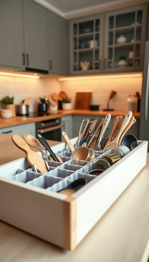 A beautifully arranged deep drawer organizer designed for tall compartments, showcasing a variety of kitchen utensils such as wooden spoons, spatulas, and measuring cups, all neatly separated in clear, sturdy plastic dividers. The foreground features a close-up of the organizer filled with items on a light wooden kitchen countertop. In the middle ground, a cozy, softly lit kitchen setting with warm-toned lighting, highlighting the textures and colors of the utensils. The background showcases stylish kitchen cabinets with subtle decoration, enhancing the homey atmosphere. The overall mood is tidy, efficient, and inviting, as if inviting viewers to keep their own kitchens organized. Capture the essence of modern home decor from CozyTrendHub, focusing on functionality and aesthetics. A beautifully arranged deep drawer organizer designed for tall compartments, showcasing a variety of kitchen utensils such as wooden spoons, spatulas, and measuring cups, all neatly separated in clear, sturdy plastic dividers. The foreground features a close-up of the organizer filled with items on a light wooden kitchen countertop. In the middle ground, a cozy, softly lit kitchen setting with warm-toned lighting, highlighting the textures and colors of the utensils. The background showcases stylish kitchen cabinets with subtle decoration, enhancing the homey atmosphere. The overall mood is tidy, efficient, and inviting, as if inviting viewers to keep their own kitchens organized. Capture the essence of modern home decor from CozyTrendHub, focusing on functionality and aesthetics.