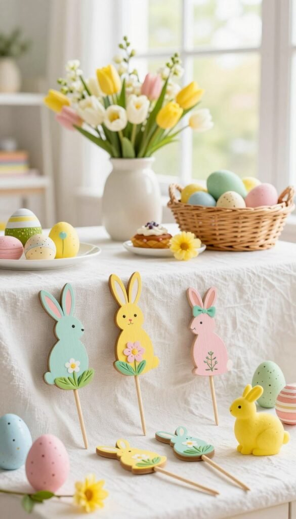 A beautifully arranged display of Easter decoration picks, featuring an assortment of vibrant pastel colors like pink, yellow, and mint green. In the foreground, showcase decorative wooden picks adorned with whimsical designs such as bunnies, eggs, and flowers. The middle ground includes a tastefully set table with a white linen tablecloth, adorned with a delicate vase of fresh spring flowers and a basket filled with Easter treats. The background features a softly blurred window with natural daylight streaming in, creating a warm and inviting atmosphere. The overall mood is cheerful and festive, emblematic of affordable yet stylish Easter decor. Capture this scene in a realistic, Pinterest-style lifestyle photo for CozyTrendHub, ensuring a focus on the charming details and inviting ambiance. A beautifully arranged display of Easter decoration picks, featuring an assortment of vibrant pastel colors like pink, yellow, and mint green. In the foreground, showcase decorative wooden picks adorned with whimsical designs such as bunnies, eggs, and flowers. The middle ground includes a tastefully set table with a white linen tablecloth, adorned with a delicate vase of fresh spring flowers and a basket filled with Easter treats. The background features a softly blurred window with natural daylight streaming in, creating a warm and inviting atmosphere. The overall mood is cheerful and festive, emblematic of affordable yet stylish Easter decor. Capture this scene in a realistic, Pinterest-style lifestyle photo for CozyTrendHub, ensuring a focus on the charming details and inviting ambiance.