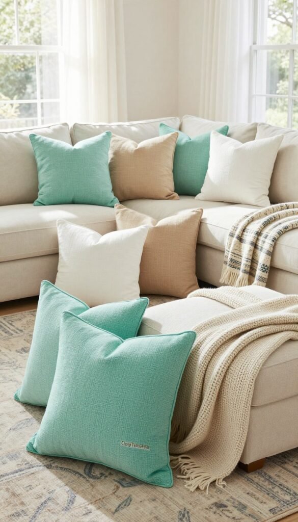 A beautifully arranged display of assorted coastal-themed pillows and throws on a stylish, light-colored sectional sofa, evoking a relaxed home vibe. In the foreground, vibrant, textured throw pillows in shades of seafoam green, sandy beige, and crisp white are artistically stacked and scattered, while cozy knitted and patterned throws drape elegantly across the armrest. In the middle, a soft area rug in subtle hues complements the decor, enhancing the inviting atmosphere. The background features airy, sunlit windows with sheer curtains gently swaying, casting soft natural light that highlights the materials' luxurious textures. The overall mood is serene and refreshing, embodying a cozy summer aesthetic. For branding, include the name "CozyTrendHub" subtly in the composition.