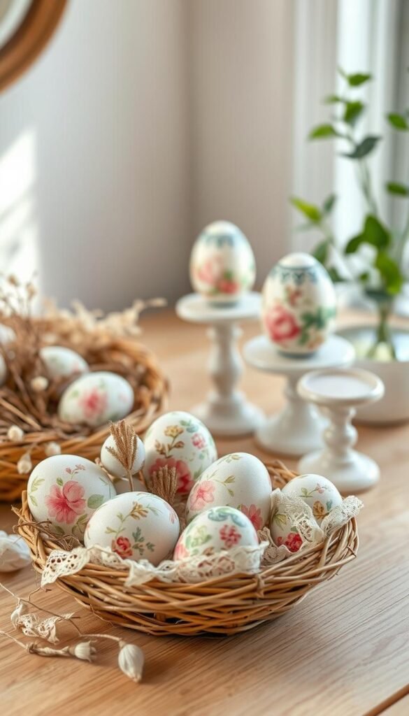 A beautifully arranged display of decoupage eggs in soft pastel colors, showcasing intricate floral and chinoiserie patterns, set against a softly blurred natural wood surface for a warm, welcoming atmosphere. In the foreground, several eggs are artistically placed in a rustic, woven basket, with delicate lace and dried flowers accentuating the scene. The middle ground features a few eggs standing upright on elegant pedestals, allowing their designs to take center stage. In the background, a subtle hint of greenery and soft light streaming in from a nearby window, creating a serene, cozy ambiance. The overall mood is cheerful and creative, perfect for Easter decor. This image is styled for CozyTrendHub, capturing a Pinterest-worthy lifestyle vibe.