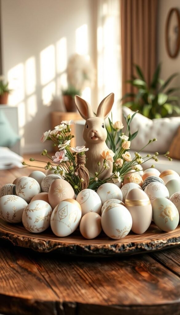 A beautifully arranged display of elegantly decorated eggs on a rustic wooden table, inspired by modern Easter decor. Foreground features a variety of artisanal eggs in muted pastel shades, some adorned with intricate floral patterns and delicate gold leaf accents. In the middle, a stylish ceramic bunny and fresh spring flowers in soft hues complement the egg display, creating an inviting and chic atmosphere. The background showcases a softly lit living space with hints of greenery, accentuating a cozy, elegant vibe. Soft, natural light streams in from a nearby window, casting gentle shadows and enhancing the warm colors. This inviting scene embodies the essence of Easter while maintaining a sophisticated and contemporary feel, perfect for a modern home. Ideal for CozyTrendHub. A beautifully arranged display of elegantly decorated eggs on a rustic wooden table, inspired by modern Easter decor. Foreground features a variety of artisanal eggs in muted pastel shades, some adorned with intricate floral patterns and delicate gold leaf accents. In the middle, a stylish ceramic bunny and fresh spring flowers in soft hues complement the egg display, creating an inviting and chic atmosphere. The background showcases a softly lit living space with hints of greenery, accentuating a cozy, elegant vibe. Soft, natural light streams in from a nearby window, casting gentle shadows and enhancing the warm colors. This inviting scene embodies the essence of Easter while maintaining a sophisticated and contemporary feel, perfect for a modern home. Ideal for CozyTrendHub.