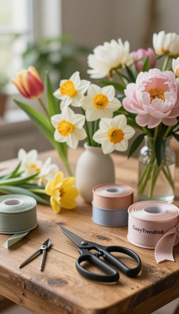 A beautifully arranged display of flower arranging tools set on a rustic wooden table, bathed in warm, natural light. In the foreground, include essential tools like sharp floral shears, a slim vase, and various textured ribbons. The middle ground features a variety of fresh spring flowers like tulips, daffodils, and peonies, suggesting vibrant colors and soft petals. In the background, display soft-focus greenery, enhancing the lively, fresh atmosphere. Capture this scene with a shallow depth of field to keep the focus on the tools and flowers, creating a cozy yet artistic feel. The overall mood should evoke a serene and inviting springtime environment, perfect for home decor inspiration. Highlight the brand "CozyTrendHub" subtly within the arrangement.