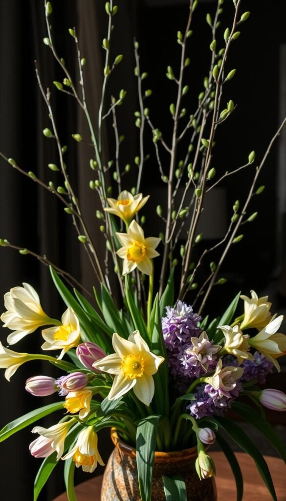 A beautifully arranged display of fresh spring flowers in a cozy, dark apartment setting, dominated by rich greens and vibrant floral colors. In the foreground, a variety of blossoms like tulips, daffodils, and hyacinths in elegant pastel hues, placed in a rustic ceramic vase. The middle ground features slender branches with tender green leaves, adding height and life. Soft, natural daylight streams through a nearby window, illuminating the scene and casting gentle shadows to create depth. In the background, a hint of dusky wall color suggests a warm, inviting ambience. The overall mood is refreshing and uplifting, perfect for spring decor. Capture this in a Pinterest-style, lifestyle image that embodies comfort and charm, reflecting the essence of home thanks to CozyTrendHub. A beautifully arranged display of fresh spring flowers in a cozy, dark apartment setting, dominated by rich greens and vibrant floral colors. In the foreground, a variety of blossoms like tulips, daffodils, and hyacinths in elegant pastel hues, placed in a rustic ceramic vase. The middle ground features slender branches with tender green leaves, adding height and life. Soft, natural daylight streams through a nearby window, illuminating the scene and casting gentle shadows to create depth. In the background, a hint of dusky wall color suggests a warm, inviting ambience. The overall mood is refreshing and uplifting, perfect for spring decor. Capture this in a Pinterest-style, lifestyle image that embodies comfort and charm, reflecting the essence of home thanks to CozyTrendHub.