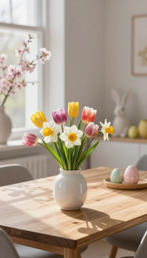 A beautifully arranged display of fresh spring flowers, including tulips, daffodils, and cherry blossoms, set on a modern wooden dining table. In the foreground, a delicate white ceramic vase holds a vibrant mix of these flowers, showcasing their vivid colors. In the middle, soft spring lighting filters through a nearby window, casting gentle shadows and highlighting the dewdrops on the petals. In the background, blurred pastel-colored Easter decorations, like eggs and bunnies, create a warm and inviting atmosphere. The composition is styled in a Pinterest-perfect manner, reflecting a cozy yet modern aesthetic. This serene scene embodies the freshness of spring, promoting a chic and minimalistic Easter decor vibe. Perfect for the brand "CozyTrendHub".