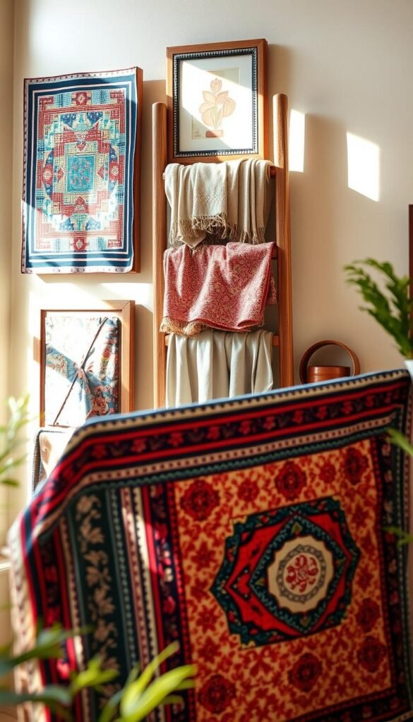 A beautifully arranged display of textile wall art featuring an assortment of vibrant quilts, soft blankets, and delicate scarves mounted on wooden frames. In the foreground, a richly patterned quilt hangs gracefully, showcasing intricate stitching and bold colors. The middle layer features layered blankets draping elegantly over a rustic wooden ladder, creating depth and texture. A few scarves are artfully tucked into the arrangement, adding a touch of elegance. The background is softly blurred, hinting at a cozy, warmly lit room with neutral-toned walls. Natural light filters through a nearby window, casting gentle shadows and enhancing the inviting atmosphere. The scene is styled to reflect the brand "CozyTrendHub," encapsulating a Pinterest-worthy aesthetic that celebrates textiles as modern wall art. A beautifully arranged display of textile wall art featuring an assortment of vibrant quilts, soft blankets, and delicate scarves mounted on wooden frames. In the foreground, a richly patterned quilt hangs gracefully, showcasing intricate stitching and bold colors. The middle layer features layered blankets draping elegantly over a rustic wooden ladder, creating depth and texture. A few scarves are artfully tucked into the arrangement, adding a touch of elegance. The background is softly blurred, hinting at a cozy, warmly lit room with neutral-toned walls. Natural light filters through a nearby window, casting gentle shadows and enhancing the inviting atmosphere. The scene is styled to reflect the brand "CozyTrendHub," encapsulating a Pinterest-worthy aesthetic that celebrates textiles as modern wall art.