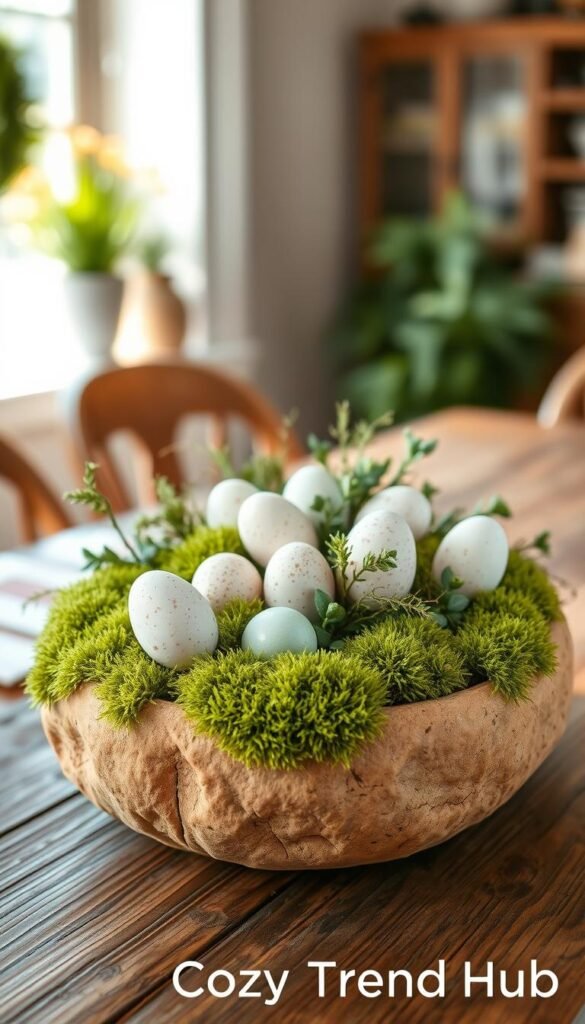 A beautifully arranged dough bowl centerpiece placed on a rustic wooden dining table. The dough bowl is filled with soft, green moss, various speckled eggs in pastel colors, and fresh greenery, evoking a serene, springtime atmosphere. In the foreground, focus on the texture of the moss and the unique patterns of the speckled eggs. The middle section showcases the elegant arrangement of the greenery interspersed with the eggs, creating a harmonious blend of colors. In the background, softly blurred out, hints of a bright, sunny window allow natural light to filter in, enhancing the cozy vibe. Use soft, warm lighting to create a welcoming and inviting mood, reminiscent of a Pinterest lifestyle photo. Capture this serene scene at a slight angle, emphasizing the depth and texture. Tagline: CozyTrendHub.