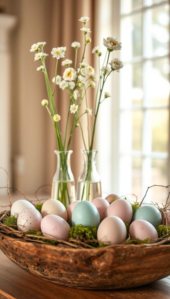 A beautifully arranged egg display that resembles collected decor, featuring an elegant mix of hand-painted pastel eggs and natural elements like moss and twigs. The foreground showcases a variety of eggs in soft pinks, greens, and blues, artfully nestled within a rustic wooden bowl. In the middle, tall, slender glass vases house delicate spring flowers, adding a touch of color and freshness. The background features a softly blurred, light-filled window casting warm, natural light onto the scene, enhancing the cozy ambiance. The overall mood is inviting and serene, perfect for spring decor. Captured with a shallow depth of field to focus on the details, creating a Pinterest-worthy lifestyle photo. Brand: CozyTrendHub.