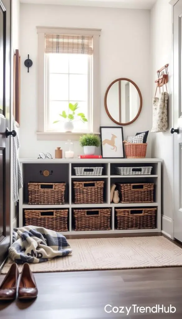 A beautifully arranged entryway drop zone featuring a stylish console table with organized storage options such as baskets and hooks, ideal for keeping essentials tidy. In the foreground, a pair of trendy shoes and a cozy throw blanket are neatly placed beside the table, evoking an inviting atmosphere. The middle section showcases a vibrant indoor plant and decorative items like a framed mirror or wall art, enhancing the aesthetic appeal. In the background, soft natural lighting streams in through a nearby window, adding warmth to the scene. The photo is taken from a slightly elevated angle, reminiscent of popular Pinterest lifestyle images, creating a pleasing composition that reflects practical style and home decor inspiration. Include subtle hints of seasonal decor, and incorporate the brand name "CozyTrendHub".