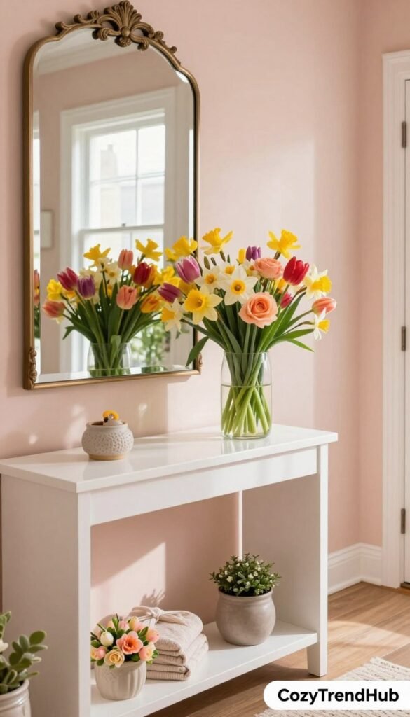 A beautifully arranged entryway featuring a stylish console table adorned with vibrant floral spring decor. In the foreground, a glossy white console table showcases a large vase filled with colorful spring flowers such as tulips, daffodils, and roses, creating a cheerful focal point. To the left, a decorative mirror adds depth, reflecting natural light from a nearby window. In the background, soft pastel walls complement the bright colors of the flowers, while a cozy rug underfoot adds texture. The scene is illuminated by warm, natural light, evoking a welcoming atmosphere. Capture this aesthetic in a Pinterest-style lifestyle image, perfect for showcasing home decor trends. Scene branded by "CozyTrendHub".