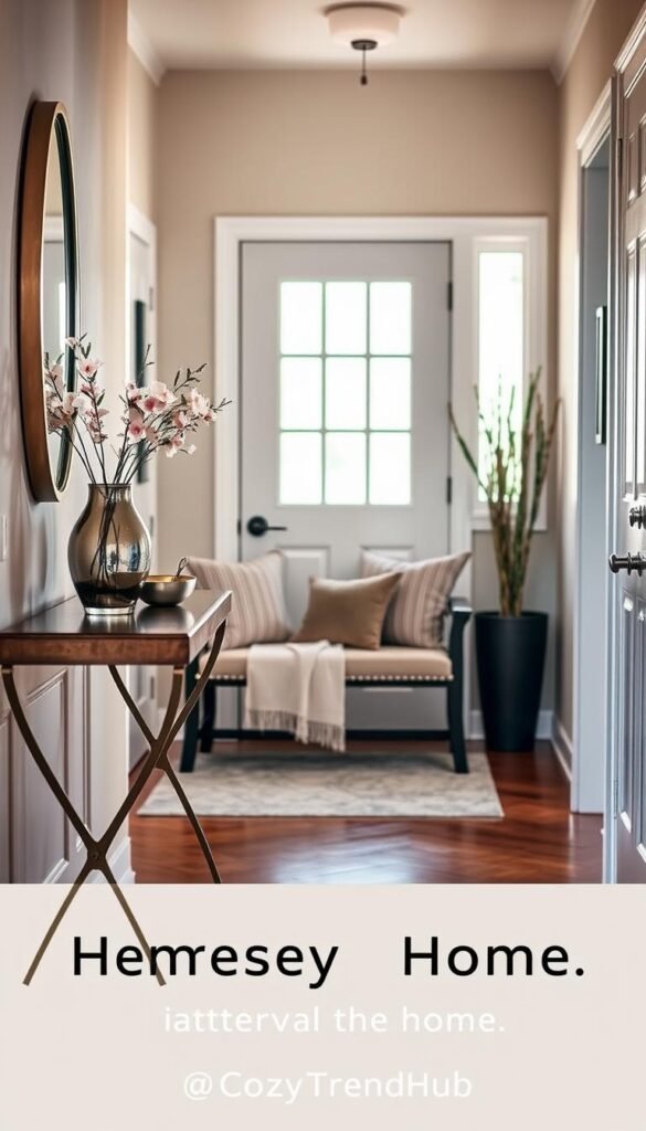 A beautifully arranged entryway in a modern home, featuring elegant decor that conveys warmth and style. The foreground showcases a stylish console table adorned with a decorative vase filled with fresh flowers, a chic mirror above it reflecting natural light, and a small bowl for keys. The middle section includes a well-placed bench with cozy throw pillows and a soft rug underfoot, inviting comfort as one enters. The background reveals a front door with glass panels, allowing gentle sunlight to filter in, enhancing the inviting atmosphere. The overall mood is that of a well-coordinated, functional space that feels both organized and welcoming, perfect for settling into a new home. Bright, warm lighting adds a touch of homeliness, with a slightly blurred background to emphasize the entryway essentials. Ideal for a Pinterest-inspired aesthetic by CozyTrendHub. A beautifully arranged entryway in a modern home, featuring elegant decor that conveys warmth and style. The foreground showcases a stylish console table adorned with a decorative vase filled with fresh flowers, a chic mirror above it reflecting natural light, and a small bowl for keys. The middle section includes a well-placed bench with cozy throw pillows and a soft rug underfoot, inviting comfort as one enters. The background reveals a front door with glass panels, allowing gentle sunlight to filter in, enhancing the inviting atmosphere. The overall mood is that of a well-coordinated, functional space that feels both organized and welcoming, perfect for settling into a new home. Bright, warm lighting adds a touch of homeliness, with a slightly blurred background to emphasize the entryway essentials. Ideal for a Pinterest-inspired aesthetic by CozyTrendHub.