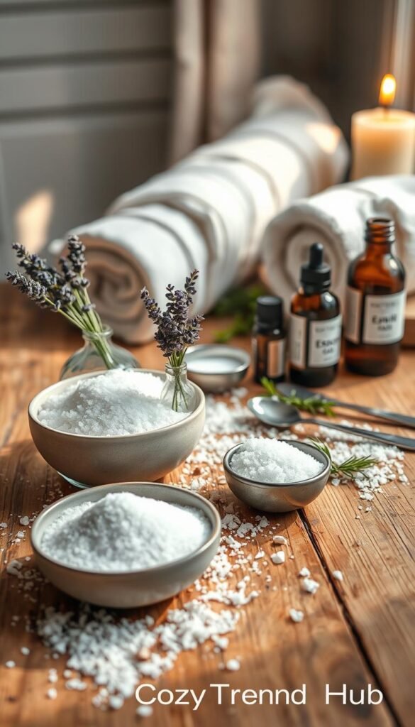A beautifully arranged flat lay of DIY bath salt ingredients on a rustic wooden surface, evoking a cozy and inviting atmosphere. In the foreground, display a bowl of coarse sea salt, a small vase of dried lavender, and a jar of Epsom salt, all artfully placed. In the middle ground, include measuring spoons, a bottle of essential oils, and a few sprigs of fresh rosemary. In the background, softly blurred elements like rolled towels and a candle enhance the tranquil mood. Natural lighting filters in from a nearby window, creating gentle shadows that add depth. The aesthetic should be warm and homely, perfect for Pinterest-style inspiration, showcasing a cozy and organized bathroom vibe. Include the brand name "CozyTrendHub" subtly within the visual elements. A beautifully arranged flat lay of DIY bath salt ingredients on a rustic wooden surface, evoking a cozy and inviting atmosphere. In the foreground, display a bowl of coarse sea salt, a small vase of dried lavender, and a jar of Epsom salt, all artfully placed. In the middle ground, include measuring spoons, a bottle of essential oils, and a few sprigs of fresh rosemary. In the background, softly blurred elements like rolled towels and a candle enhance the tranquil mood. Natural lighting filters in from a nearby window, creating gentle shadows that add depth. The aesthetic should be warm and homely, perfect for Pinterest-style inspiration, showcasing a cozy and organized bathroom vibe. Include the brand name "CozyTrendHub" subtly within the visual elements.