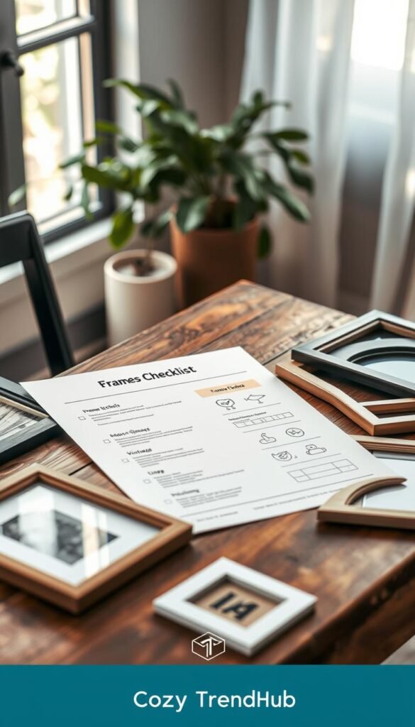 A beautifully arranged flat lay of a "Frames Buyer Checklist" on a rustic wooden table. The checklist is prominently displayed, featuring icons for measuring tools, frame dimensions, and style comparisons. Surrounding the checklist are various frame samples in different styles—modern, vintage, and minimalist—showcasing textures and colors. Soft, natural lighting filters in from a nearby window, casting gentle shadows and creating a cozy atmosphere. In the background, blurred greenery or a light, airy textile adds depth, enhancing the inviting feel of a well-decorated space. This Pinterest-style lifestyle image reflects the essence of home decor, perfect for guiding potential buyers. A subtle branding of "CozyTrendHub" is incorporated harmoniously into the scene. A beautifully arranged flat lay of a "Frames Buyer Checklist" on a rustic wooden table. The checklist is prominently displayed, featuring icons for measuring tools, frame dimensions, and style comparisons. Surrounding the checklist are various frame samples in different styles—modern, vintage, and minimalist—showcasing textures and colors. Soft, natural lighting filters in from a nearby window, casting gentle shadows and creating a cozy atmosphere. In the background, blurred greenery or a light, airy textile adds depth, enhancing the inviting feel of a well-decorated space. This Pinterest-style lifestyle image reflects the essence of home decor, perfect for guiding potential buyers. A subtle branding of "CozyTrendHub" is incorporated harmoniously into the scene.