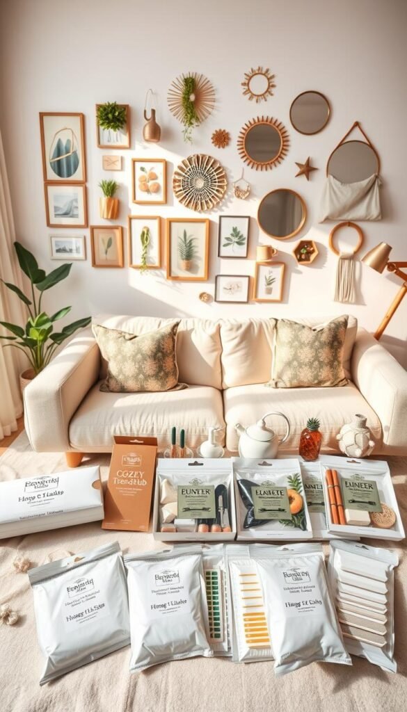 A beautifully arranged flat lay of damage-free hanging products in a stylish rental apartment setting, showcasing a variety of hooks, adhesive strips, and wall-mounted organizers. In the foreground, elegant packaging labeled with “CozyTrendHub” lies open, revealing the unique features of each item. The middle layer features a well-decorated wall adorned with various pieces of art, plants, and decorative mirrors using these products, illustrating innovative wall decor ideas. The background is a softly lit living space with a cozy couch and warm, inviting decor, creating a harmonious atmosphere. Natural daylight filters through a window, casting gentle shadows. Aim for a Pinterest-worthy lifestyle aesthetic that highlights the versatility of rental-friendly decor solutions, emphasizing a bright, cheerful, and organized environment. A beautifully arranged flat lay of damage-free hanging products in a stylish rental apartment setting, showcasing a variety of hooks, adhesive strips, and wall-mounted organizers. In the foreground, elegant packaging labeled with “CozyTrendHub” lies open, revealing the unique features of each item. The middle layer features a well-decorated wall adorned with various pieces of art, plants, and decorative mirrors using these products, illustrating innovative wall decor ideas. The background is a softly lit living space with a cozy couch and warm, inviting decor, creating a harmonious atmosphere. Natural daylight filters through a window, casting gentle shadows. Aim for a Pinterest-worthy lifestyle aesthetic that highlights the versatility of rental-friendly decor solutions, emphasizing a bright, cheerful, and organized environment.