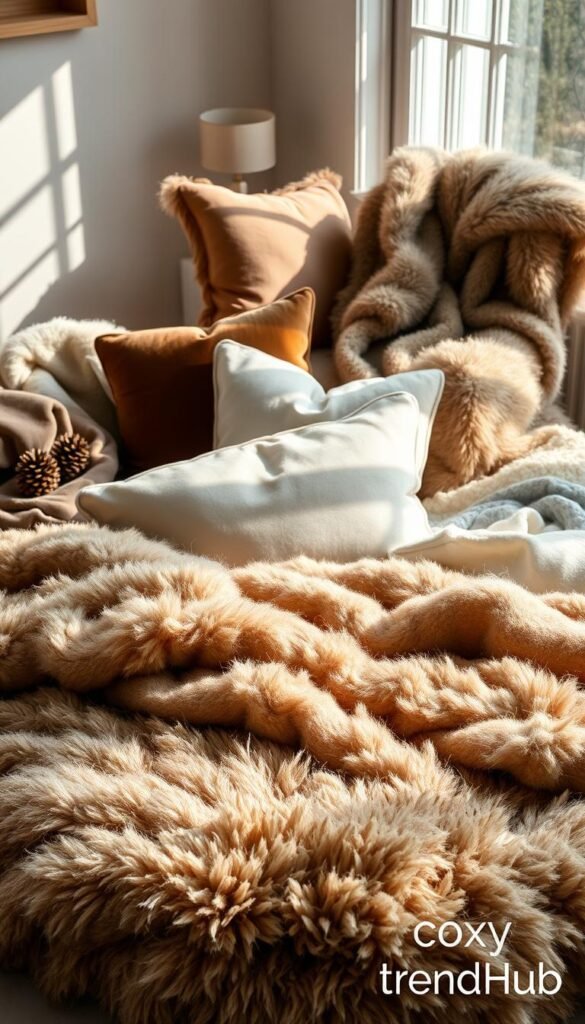 A beautifully arranged flat lay of various cozy fabrics showcasing wool, cotton, velvet, and faux fur. In the foreground, a plush pile of soft wool blankets in muted earth tones, inviting and warm. In the middle, richly textured velvet cushions juxtaposed with smooth cotton throws, emphasizing comfort. The background features a faux fur throw draped gracefully over a stylish chair, enhancing the cozy atmosphere. Soft, natural lighting filters through a nearby window, casting gentle shadows and highlighting the fabric textures. The mood is serene and inviting, perfect for a cozy home setting. The scene is styled with a few decorative items like a steaming cup of tea and pinecones to complete the cozy vibe. Branding subtly integrated: "CozyTrendHub." A beautifully arranged flat lay of various cozy fabrics showcasing wool, cotton, velvet, and faux fur. In the foreground, a plush pile of soft wool blankets in muted earth tones, inviting and warm. In the middle, richly textured velvet cushions juxtaposed with smooth cotton throws, emphasizing comfort. The background features a faux fur throw draped gracefully over a stylish chair, enhancing the cozy atmosphere. Soft, natural lighting filters through a nearby window, casting gentle shadows and highlighting the fabric textures. The mood is serene and inviting, perfect for a cozy home setting. The scene is styled with a few decorative items like a steaming cup of tea and pinecones to complete the cozy vibe. Branding subtly integrated: "CozyTrendHub."