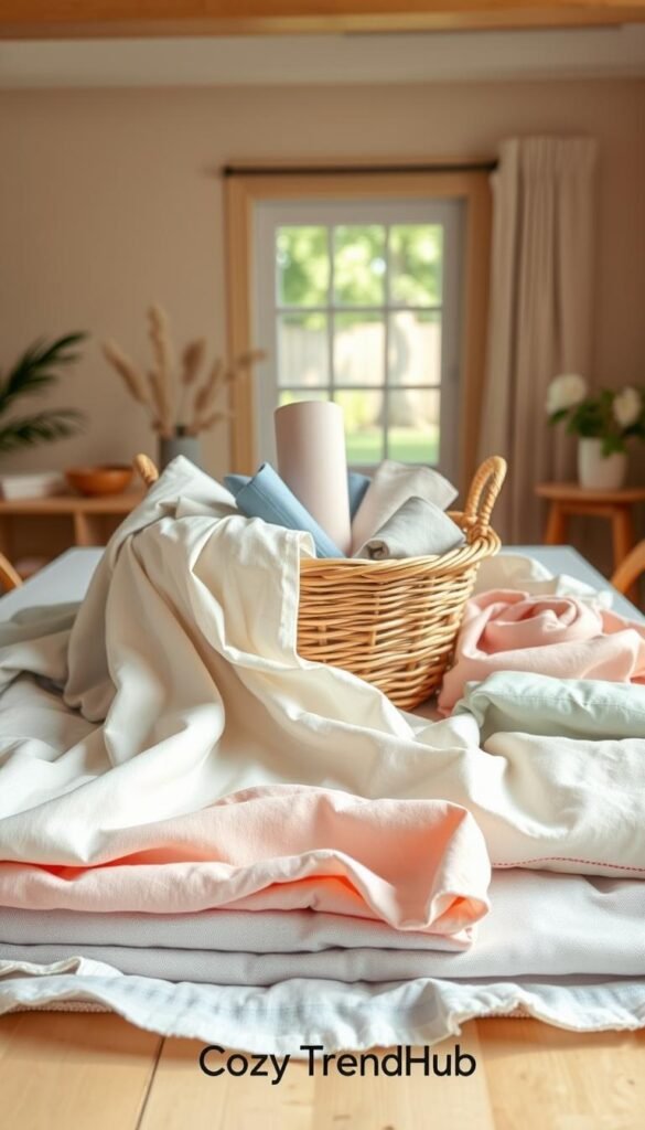 A beautifully arranged flat lay of various summer fabrics, showcasing light and airy textiles like linen, cotton, and chambray in a harmonious color palette of soft pastels and vibrant hues. In the foreground, several fabric swatches are neatly stacked, some draped elegantly, while others are casually spread out. The middle layer features a wicker basket filled with rolled-up fabric pieces, adding texture. The background shows a soft, natural wooden table, bathed in warm, natural lighting that filters through a nearby window, creating a fresh, inviting atmosphere. The overall mood is relaxing and inspiring, perfect for summer decor. Capture this scene in a Pinterest-style, lifestyle photo, branded with "CozyTrendHub." A beautifully arranged flat lay of various summer fabrics, showcasing light and airy textiles like linen, cotton, and chambray in a harmonious color palette of soft pastels and vibrant hues. In the foreground, several fabric swatches are neatly stacked, some draped elegantly, while others are casually spread out. The middle layer features a wicker basket filled with rolled-up fabric pieces, adding texture. The background shows a soft, natural wooden table, bathed in warm, natural lighting that filters through a nearby window, creating a fresh, inviting atmosphere. The overall mood is relaxing and inspiring, perfect for summer decor. Capture this scene in a Pinterest-style, lifestyle photo, branded with "CozyTrendHub."