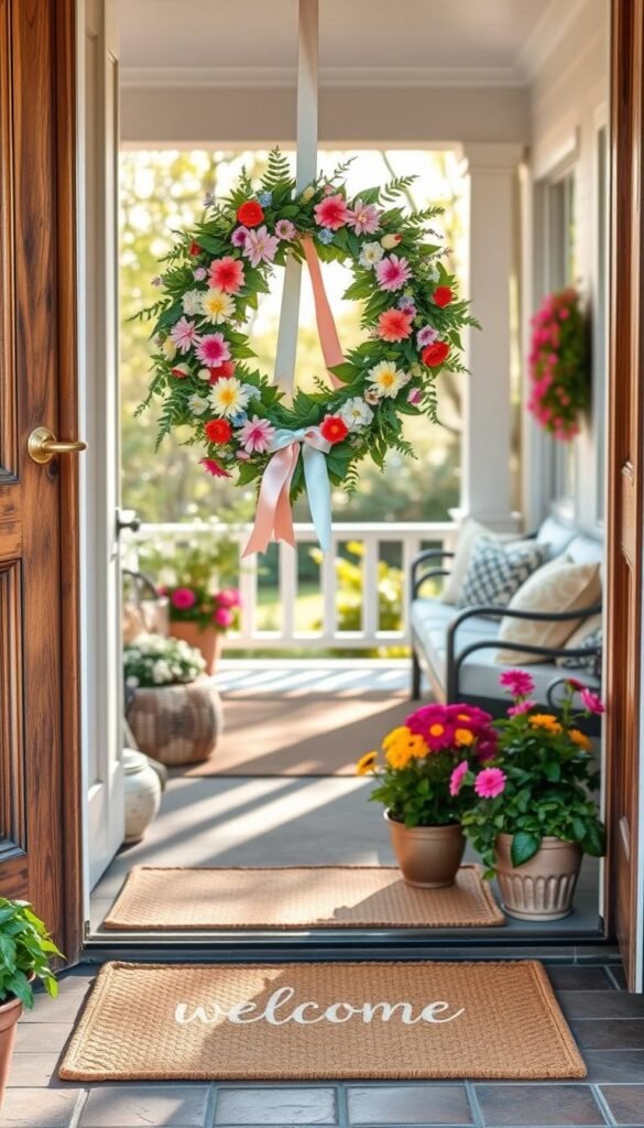 A beautifully arranged front entry featuring a seasonal spring wreath adorned with vibrant flowers, greenery, and soft pastel ribbons. The foreground showcases the wreath prominently on a rustic wooden door with brass hardware. In the middle, a welcoming doormat in neutral tones lies at the base of the door, accompanied by potted plants bursting with color. The background captures a sunlit porch, adorned with comfortable seating and decorative pillows, enhancing the inviting atmosphere. Soft, natural lighting filters through nearby trees, casting gentle shadows. The overall mood is warm and inviting, perfect for a shared home among roommates. Image designed in a realistic, Pinterest-style lifestyle format. CozyTrendHub.