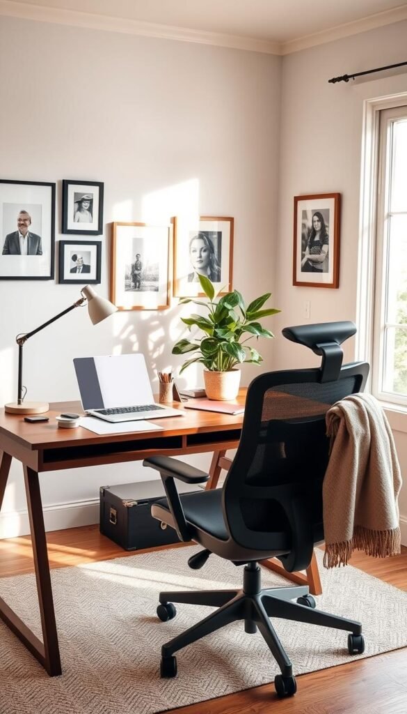 A beautifully arranged home office setup suitable for video calls, emphasizing a "Zoom-ready background". In the foreground, a stylish wooden desk featuring a sleek laptop, a chic desk lamp, and organized stationery. The middle section showcases a comfortable ergonomic chair and a lush potted plant, creating an inviting atmosphere. In the background, tastefully curated wall art and framed photos add a personal touch, while natural light filters in through a large window, creating warm, soft shadows. A cozy throw blanket draped over the chair enhances the homey feel. The overall mood is relaxed and professional, reflecting a blend of work and comfort. This scene embodies the essence of a perfect remote workspace, inspired by CozyTrendHub. A beautifully arranged home office setup suitable for video calls, emphasizing a "Zoom-ready background". In the foreground, a stylish wooden desk featuring a sleek laptop, a chic desk lamp, and organized stationery. The middle section showcases a comfortable ergonomic chair and a lush potted plant, creating an inviting atmosphere. In the background, tastefully curated wall art and framed photos add a personal touch, while natural light filters in through a large window, creating warm, soft shadows. A cozy throw blanket draped over the chair enhances the homey feel. The overall mood is relaxed and professional, reflecting a blend of work and comfort. This scene embodies the essence of a perfect remote workspace, inspired by CozyTrendHub.