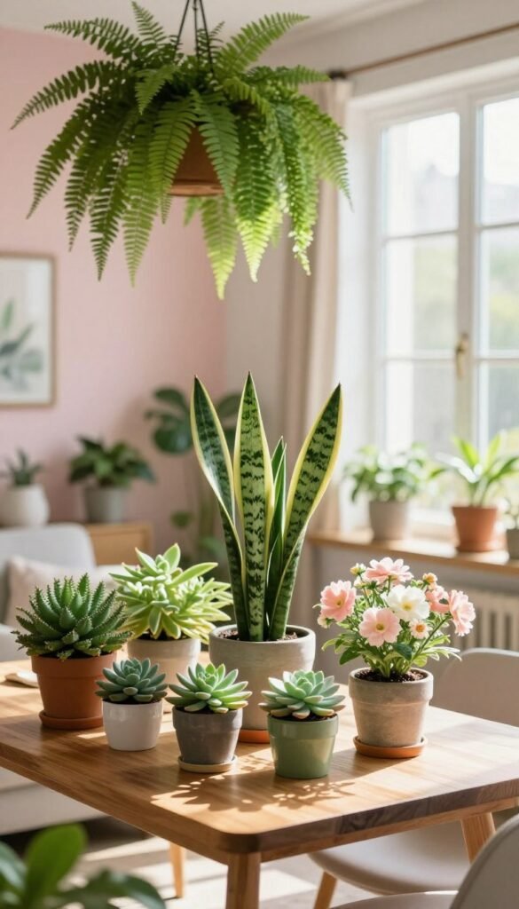 A beautifully arranged indoor scene featuring an array of vibrant green plants and blooming flowers that embody the freshness of spring. In the foreground, a stylish wooden table adorned with potted succulents, an elegant snake plant, and delicate pastel-colored flowers sits under soft, natural light. The middle showcases a cozy living space with a lush fern hanging from the ceiling and a large window allowing sunlight to stream in, creating warm highlights and gentle shadows. In the background, soft pastel wall colors amplify the spring atmosphere. The overall mood is inviting and rejuvenating, emphasizing the beauty of plants in home decor. This image reflects the essence of a refreshing spring vibe and aligns perfectly with renter-friendly decor ideas. Ideal for CozyTrendHub's lifestyle visuals. A beautifully arranged indoor scene featuring an array of vibrant green plants and blooming flowers that embody the freshness of spring. In the foreground, a stylish wooden table adorned with potted succulents, an elegant snake plant, and delicate pastel-colored flowers sits under soft, natural light. The middle showcases a cozy living space with a lush fern hanging from the ceiling and a large window allowing sunlight to stream in, creating warm highlights and gentle shadows. In the background, soft pastel wall colors amplify the spring atmosphere. The overall mood is inviting and rejuvenating, emphasizing the beauty of plants in home decor. This image reflects the essence of a refreshing spring vibe and aligns perfectly with renter-friendly decor ideas. Ideal for CozyTrendHub's lifestyle visuals.