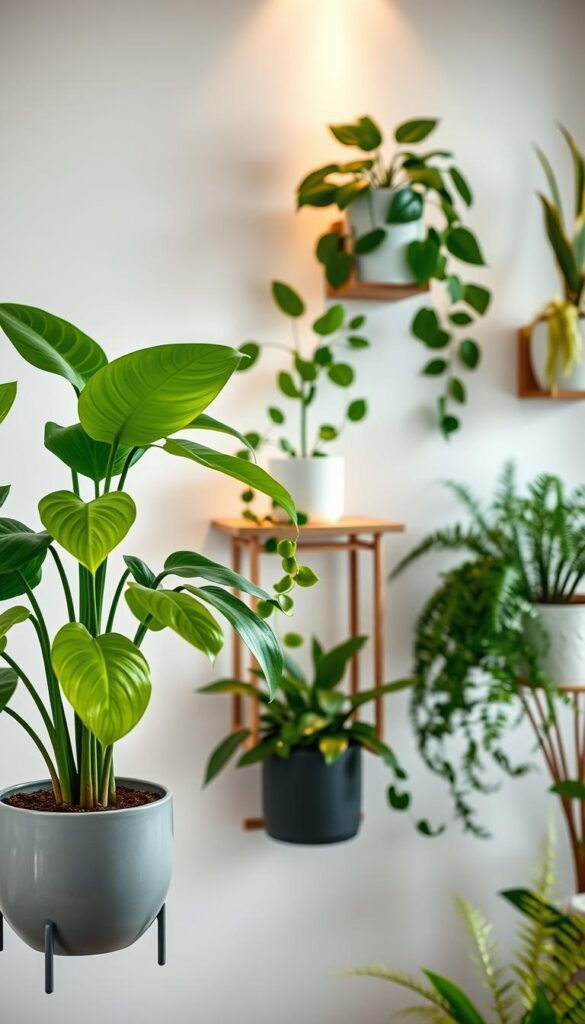 A beautifully arranged indoor scene featuring various lush green plants in elegant ceramic pots on minimalist wall-mounted plant stands, creating an airy and sophisticated atmosphere. In the foreground, focus on a vibrant monstera and a cascading pothos plant, both thriving in stylish pots. In the middle ground, include a simple yet chic wooden plant stand showcasing a snake plant and a delicate fern, accentuating the cozy luxury vibe. The background softly blurs a tastefully decorated wall with light pastel hues and accent lighting that casts warm, inviting shadows. Capture this image with a soft-focus lens at an angle that highlights the heights and layers of the plants, evoking a serene and tranquil mood. The overall aesthetic should reflect contemporary home decor, appealing to the "CozyTrendHub" brand, while ensuring the composition is free of any text or logos.