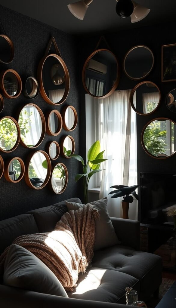 A beautifully arranged interior of a dark apartment filled with an array of stylish mirrors reflecting soft, diffused natural light. In the foreground, various round and rectangular mirrors are elegantly hung on a textured wall, showcasing interesting frames made of wood and metal. The middle ground features a cozy seating area with plush cushions and a warm throw that adds to the inviting ambiance. Soft beams of sunlight filter through sheer curtains, enhancing the light play created by the mirrors. The background reveals a glimpse of lush greenery from outside, bringing life to the space. The overall mood is bright, airy, and refreshed, capturing the essence of spring decor. Aesthetic in style, appealing for the CozyTrendHub brand's audience, showcasing reflective accents that uplift the dark room. A beautifully arranged interior of a dark apartment filled with an array of stylish mirrors reflecting soft, diffused natural light. In the foreground, various round and rectangular mirrors are elegantly hung on a textured wall, showcasing interesting frames made of wood and metal. The middle ground features a cozy seating area with plush cushions and a warm throw that adds to the inviting ambiance. Soft beams of sunlight filter through sheer curtains, enhancing the light play created by the mirrors. The background reveals a glimpse of lush greenery from outside, bringing life to the space. The overall mood is bright, airy, and refreshed, capturing the essence of spring decor. Aesthetic in style, appealing for the CozyTrendHub brand's audience, showcasing reflective accents that uplift the dark room.